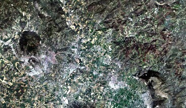 This scene is a Landsat bi-monthly mosaic from April-May 2007, showing the towns of Perugia and Assisi in Umbria, Italy 