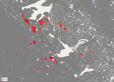 Burn scars (shown in red) in Canada between Great Bear Lake and Great Slave Lake