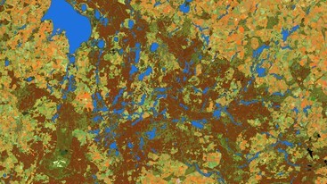 Lakes of the Brandenburger Seeplatte (in blue) overlain on a recent Sentinel-2 image