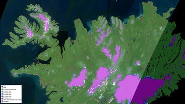 Snow cover extent map from CLMS overlain the current Sentinel-   2 image, 18-05-2025, northwest Iceland